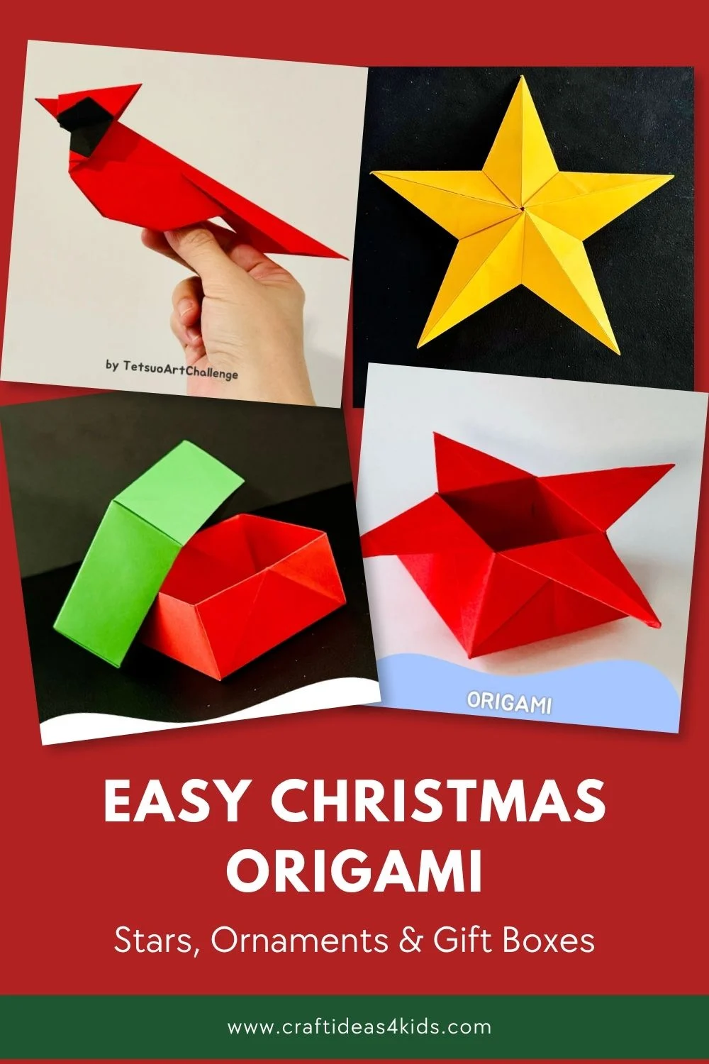 Easy Christmas origami for kids – paper stars, cardinal bird and gift boxes